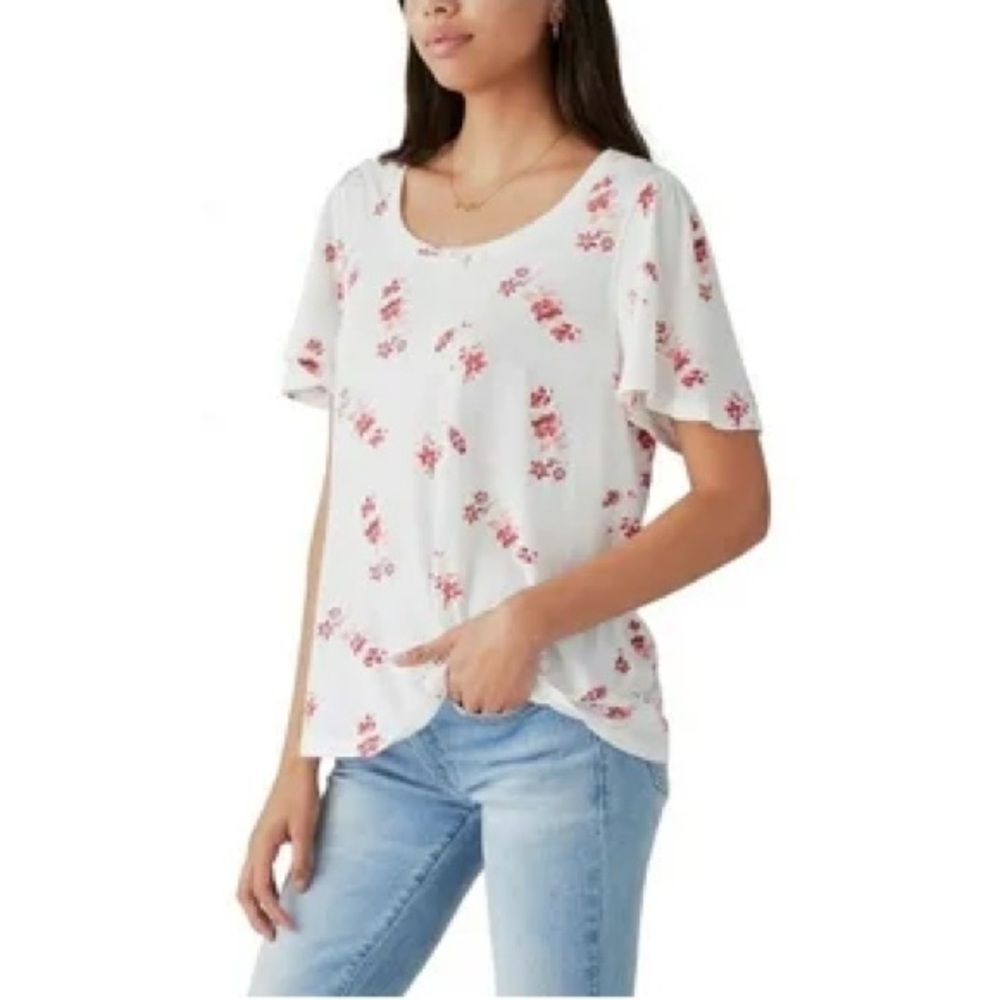 Lucky Brand Pink White Floral Scoop Neck Short Sleeve Tee SZ L - Picture 1 of 7